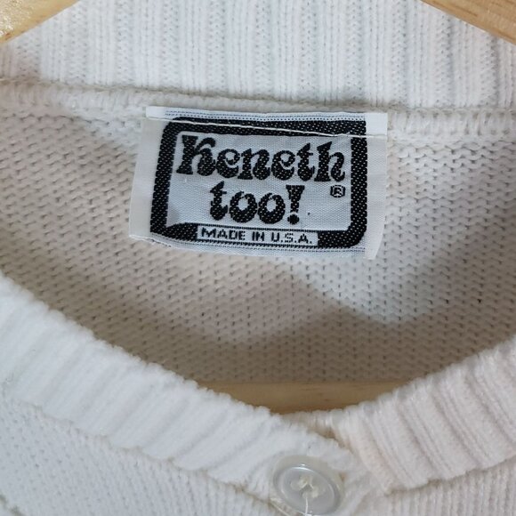 Keneth Too Sweater Cardigan White Large Laser-Cut Diamond Button Long Sleeve VTG - Picture 4 of 6